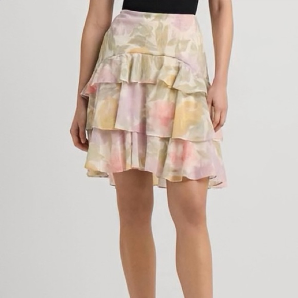 Nwt Lauren Ralph Lauren ‘Floral Crinkle Georgette Tiered Skirt’ In Cream/Yellow